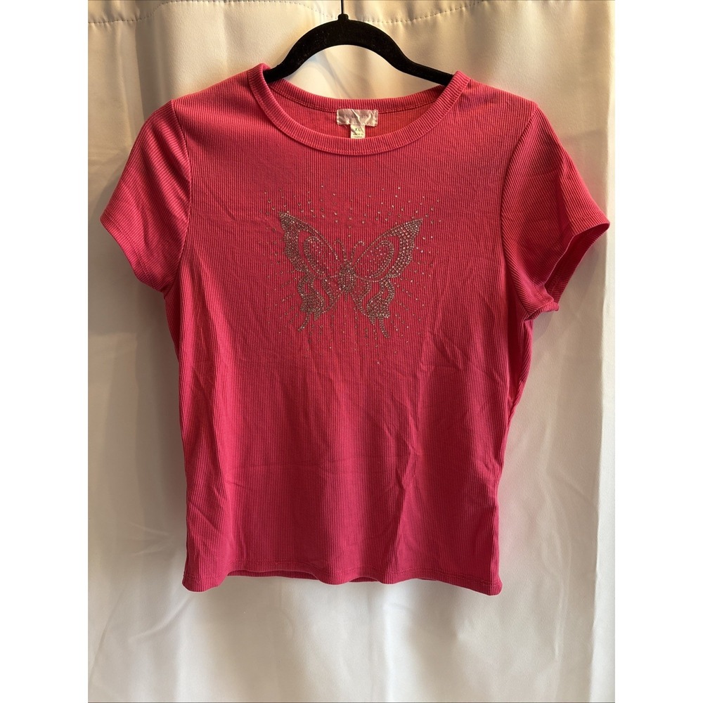 Orange Kiss Short Sleeve Ribbed Top Diamond Butterfly Pink Size XL Y2K